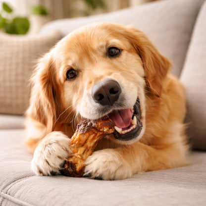 Close up of grain-free mini beef marrow bone dental chew for dogs
