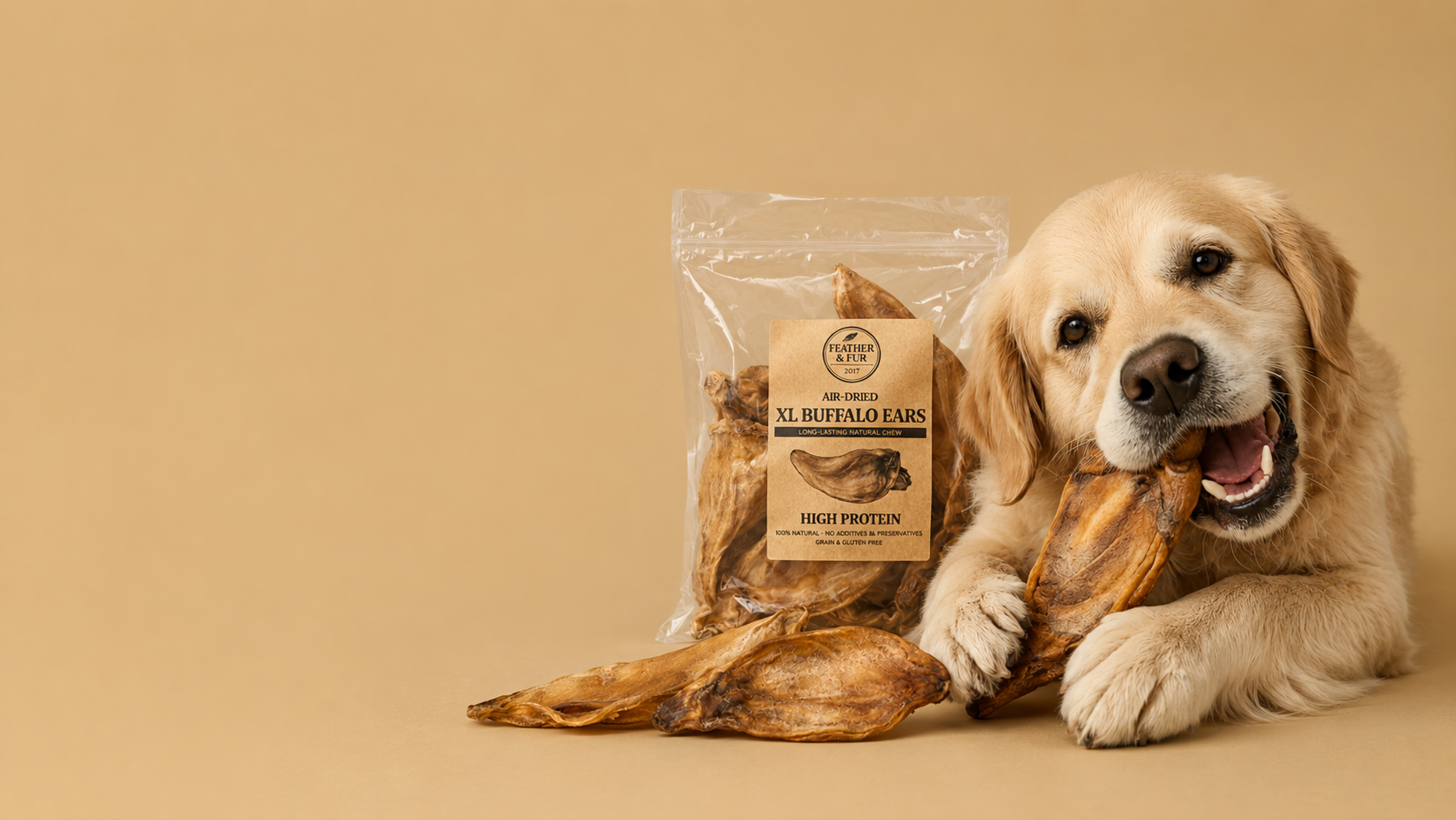 Dog chewing on Buffalo Ear next to a package of Feather and Fur treats on a beige background