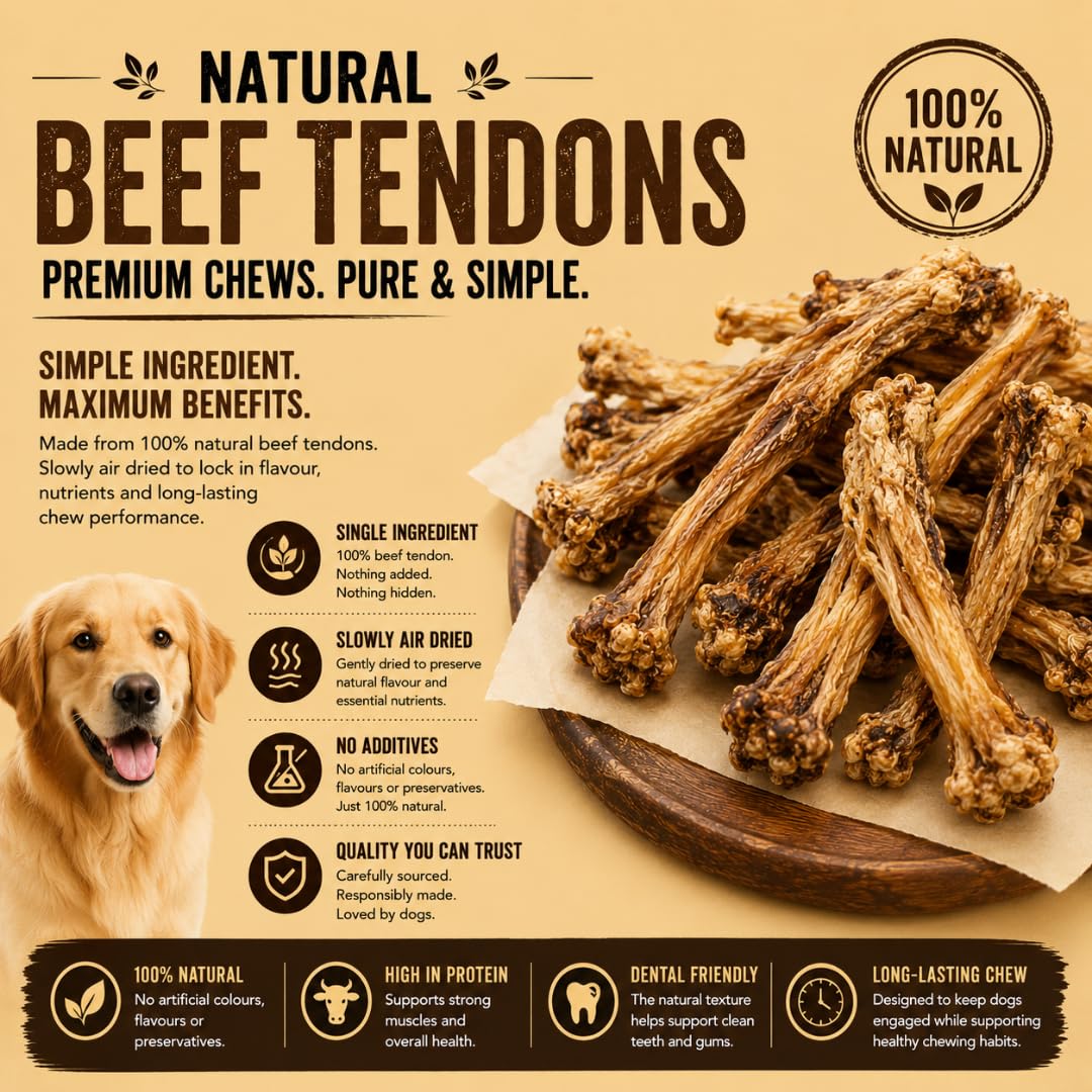 Long-lasting and grain-free beef tendon dental treats for sensitive dogs