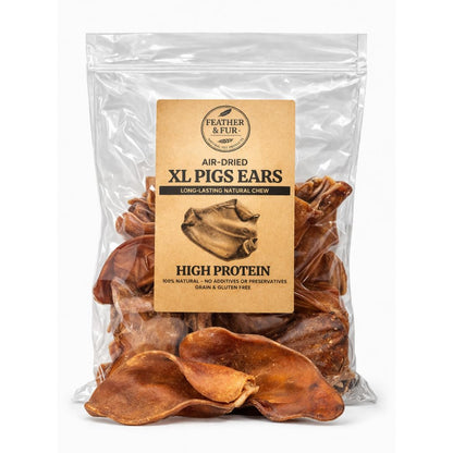 Close up of long-lasting natural pork pig ear dental chew for dogs