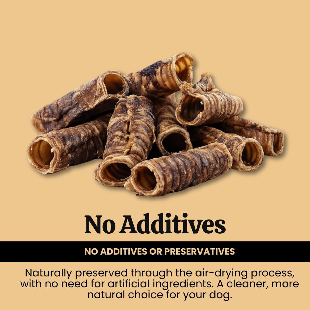 Grain-free and high protein beef trachea dog treats in a resealable bag