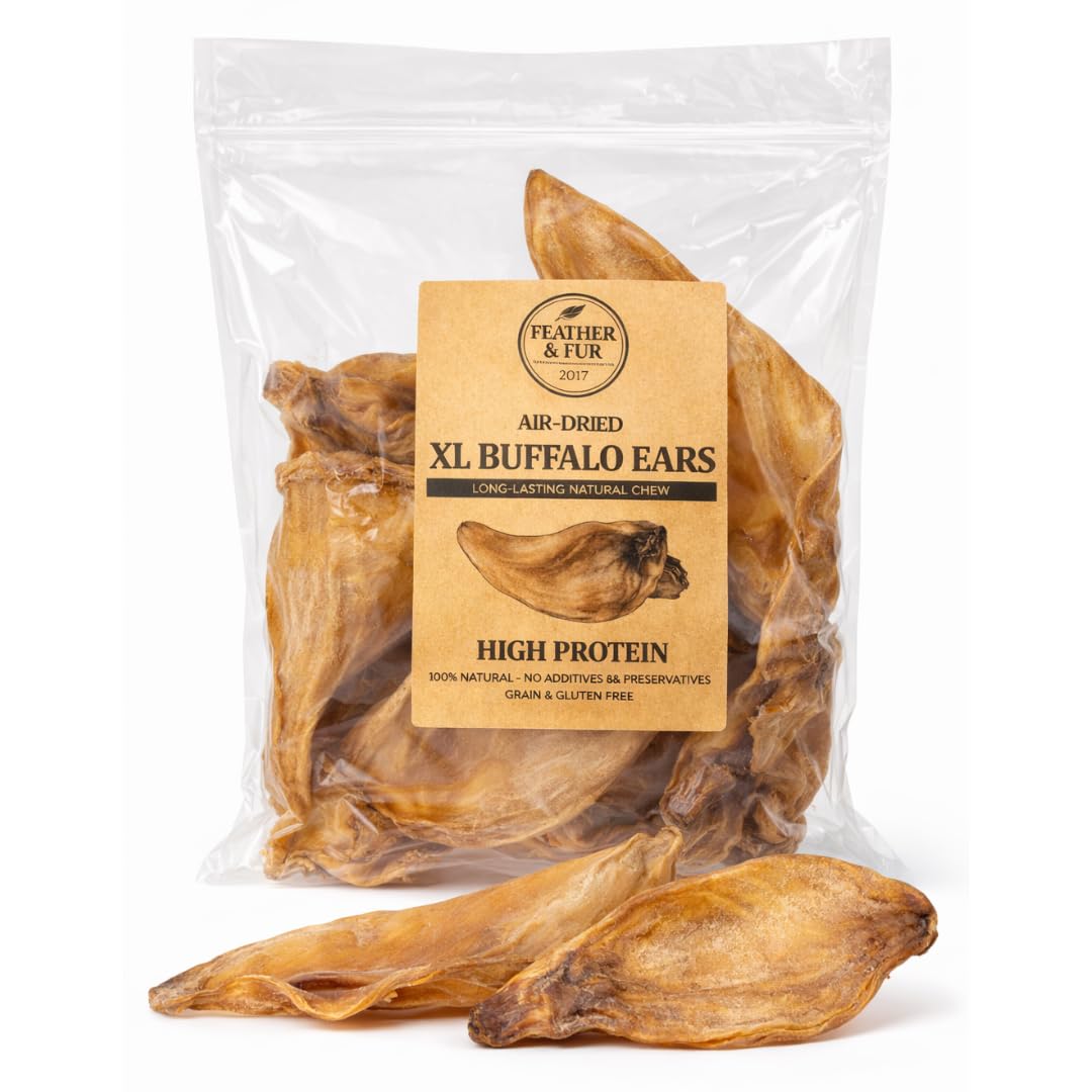 Close up of long-lasting, low-fat XL buffalo ear dental chew