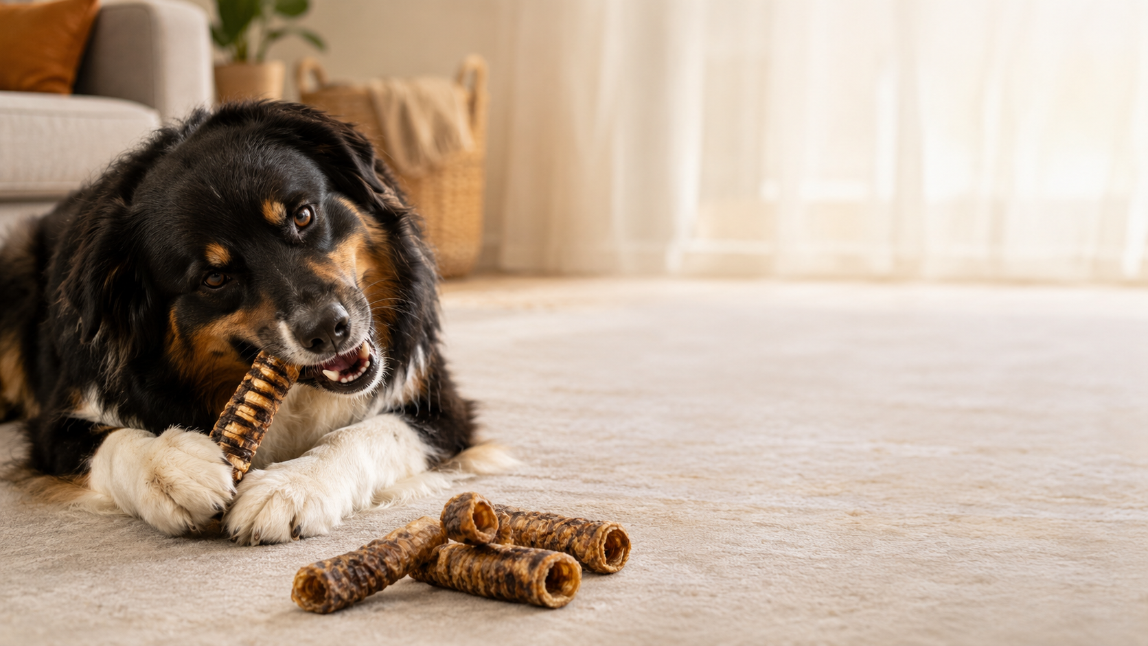 Dog lying on a carpet with beef treachea in a home setting