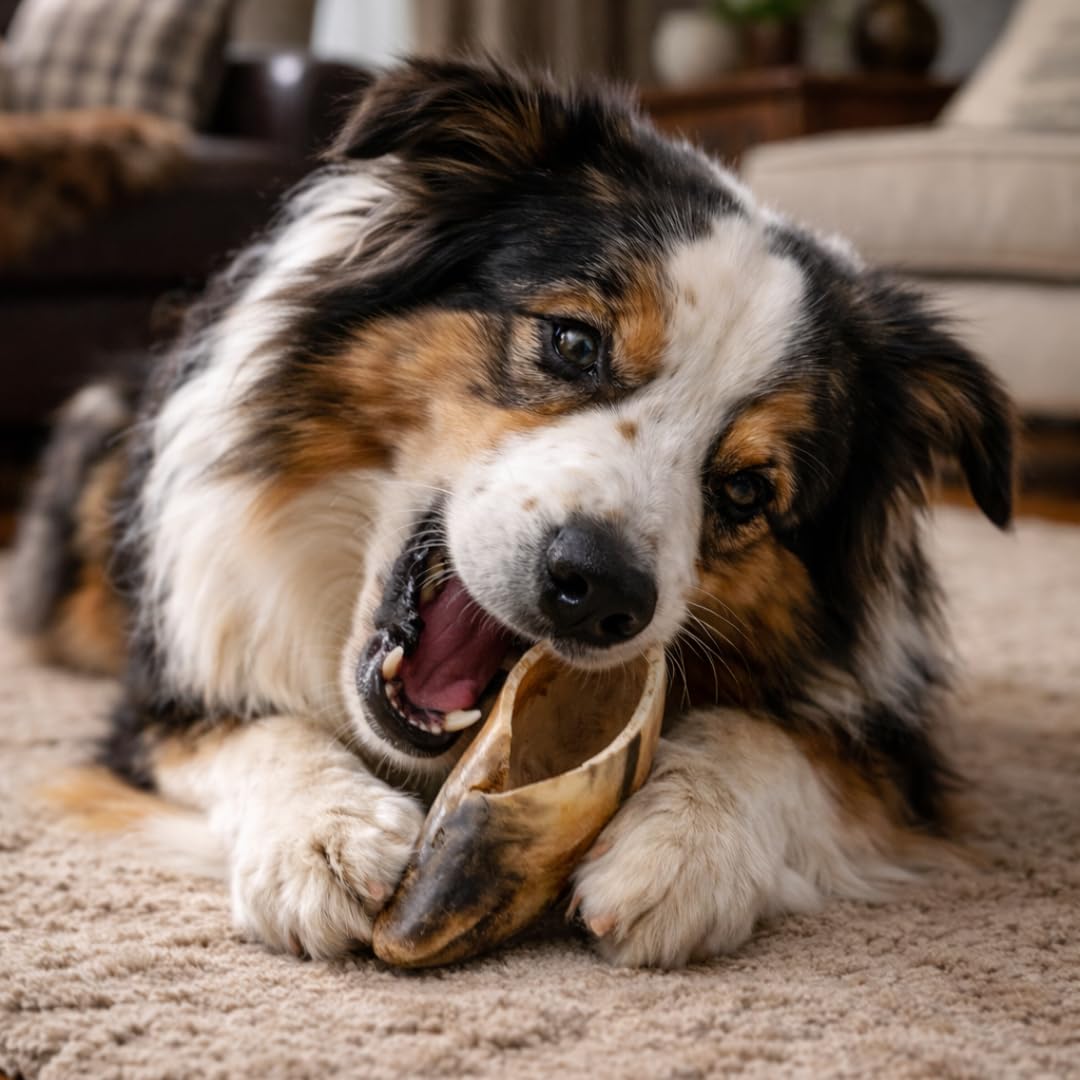 Close up of long-lasting beef hoof dental chew for strong chewers