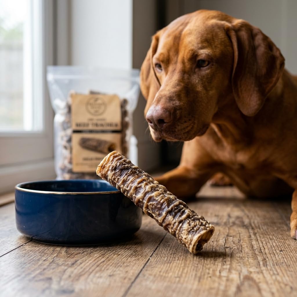 Close up of hollow beef trachea dental chew rich in glucosamine for joint health