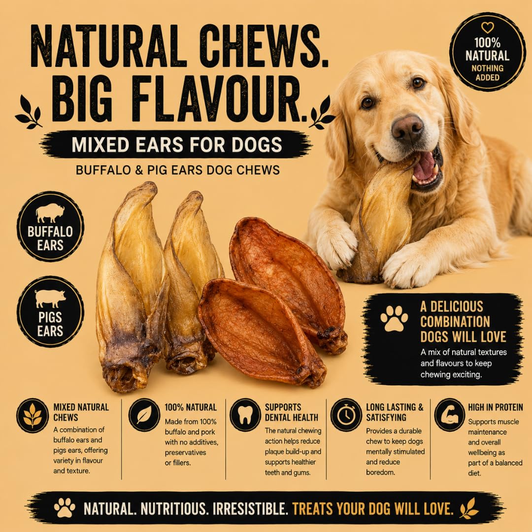 Close up of high protein and long lasting buffalo ear dental chews for dogs